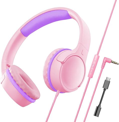 سماعات رأس للأطفال مع ميكروفون، مقبس 3.5 مم قابل للطي، مقبس USB-C، حجم قابل للتعديل 85 ديسيبل/94 ديسيبل، مناسبة للهواتف المحمولة وأجهزة الكمبيوتر والأجهزة اللوحية والمدرسة والطائرات والسفر (وردي) in Kuwait