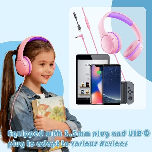 Children's Headphones with Microphone, Foldable 3.5mm Jack, USB-C Jack, Adjustable 85db/94db Volume, Suitable for Mobile Phones,Computers,Tablets,School,Airplanes,Travel (Pink) in Saudi Arabia