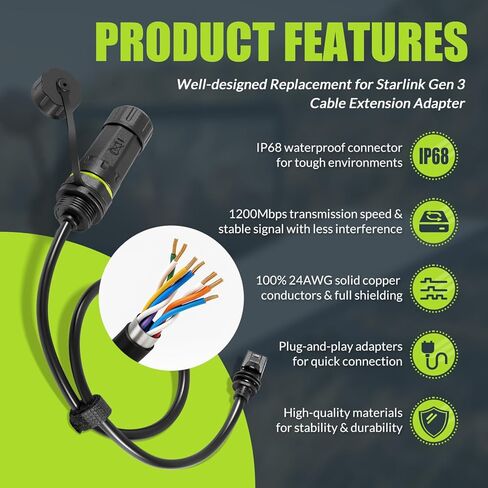 Ethernet Adapter for Starlink Gen 3 & Mini, Replacement for Starlink Gen 3 Cable Extension Adapter, Plug-and-Play RJ45 Connector, IP68 Waterproof in Saudi Arabia