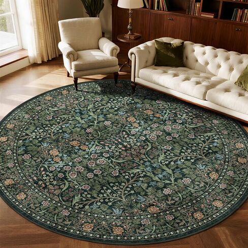 Green Round Rugs 6ft - Soft Washable Boho Floral Bedroom Circle Rug Stain Resistant Botanical Dining Room Rugs for Under Round Table Vintage Area Rug for Living Room Office Kid Room in Saudi Arabia