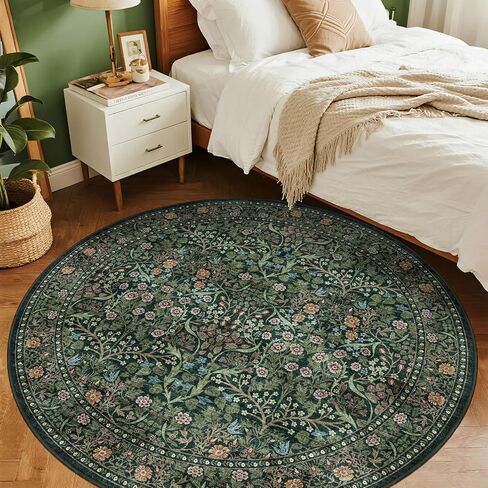Green Round Rugs 6ft - Soft Washable Boho Floral Bedroom Circle Rug Stain Resistant Botanical Dining Room Rugs for Under Round Table Vintage Area Rug for Living Room Office Kid Room in Saudi Arabia