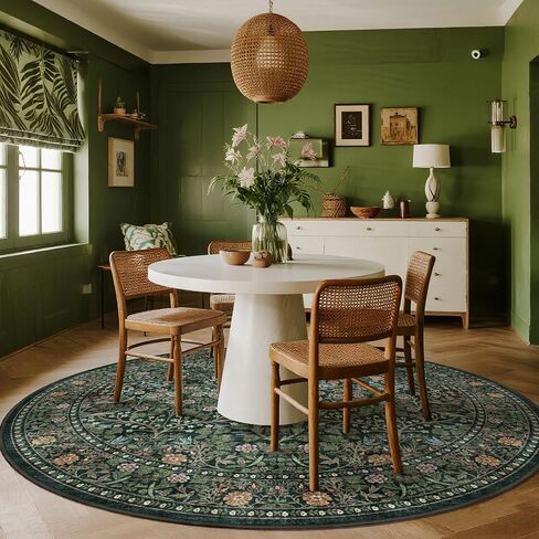 Green Round Rugs 6ft - Soft Washable Boho Floral Bedroom Circle Rug Stain Resistant Botanical Dining Room Rugs for Under Round Table Vintage Area Rug for Living Room Office Kid Room in Saudi Arabia