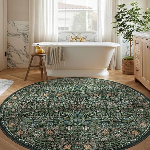 Green Round Rugs 6ft - Soft Washable Boho Floral Bedroom Circle Rug Stain Resistant Botanical Dining Room Rugs for Under Round Table Vintage Area Rug for Living Room Office Kid Room in Saudi Arabia