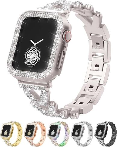 سوار وحافظة معدنية مرصعة بأحجار الراين، متوافقة مع سوار ساعة Apple مقاس 38 مم - 49 مم (السلسلة 10/1/SE/Ultra 2) - حزام مجوهرات نسائي ذهبي لامع، سوار iWatch الفاخر مع واقي شاشة in Kuwait