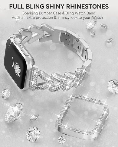 سوار وحافظة معدنية مرصعة بأحجار الراين، متوافقة مع سوار ساعة Apple مقاس 38 مم - 49 مم (السلسلة 10/1/SE/Ultra 2) - حزام مجوهرات نسائي ذهبي لامع، سوار iWatch الفاخر مع واقي شاشة in Kuwait