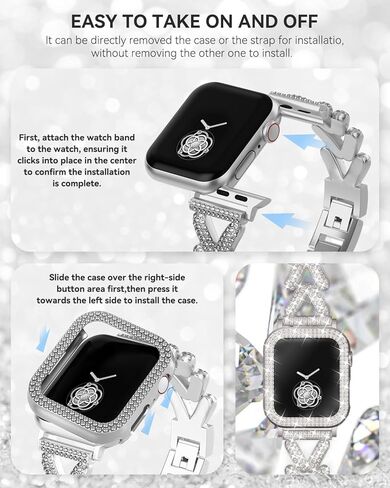 سوار وحافظة معدنية مرصعة بأحجار الراين، متوافقة مع سوار ساعة Apple مقاس 38 مم - 49 مم (السلسلة 10/1/SE/Ultra 2) - حزام مجوهرات نسائي ذهبي لامع، سوار iWatch الفاخر مع واقي شاشة in Kuwait