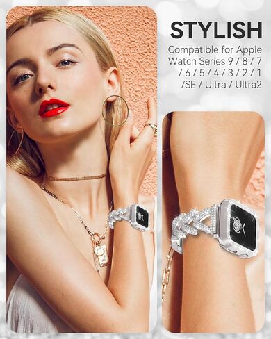 سوار وحافظة معدنية مرصعة بأحجار الراين، متوافقة مع سوار ساعة Apple مقاس 38 مم - 49 مم (السلسلة 10/1/SE/Ultra 2) - حزام مجوهرات نسائي ذهبي لامع، سوار iWatch الفاخر مع واقي شاشة in Kuwait