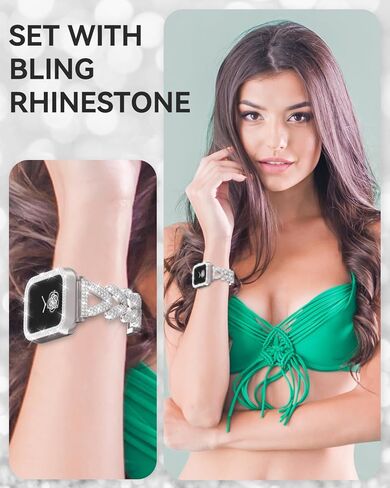 سوار وحافظة معدنية مرصعة بأحجار الراين، متوافقة مع سوار ساعة Apple مقاس 38 مم - 49 مم (السلسلة 10/1/SE/Ultra 2) - حزام مجوهرات نسائي ذهبي لامع، سوار iWatch الفاخر مع واقي شاشة in Kuwait