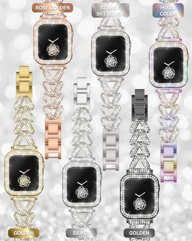 سوار وحافظة معدنية مرصعة بأحجار الراين، متوافقة مع سوار ساعة Apple مقاس 38 مم - 49 مم (السلسلة 10/1/SE/Ultra 2) - حزام مجوهرات نسائي ذهبي لامع، سوار iWatch الفاخر مع واقي شاشة in Kuwait