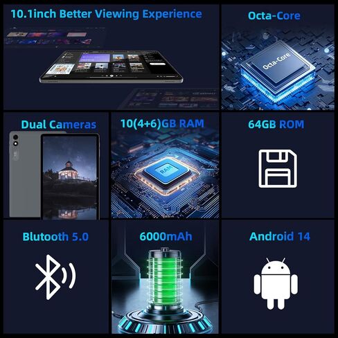 TUOHAITIME Android 16 Tablet,10 inch Tablets, Octa Core CPU, Black | 24GB+64GB+512GB Expansion, 1280x800 Display Screen, WiFi6, Dual Cameras, 6000mAh Battery, Widevine L1 Google Kids Space in Saudi Arabia