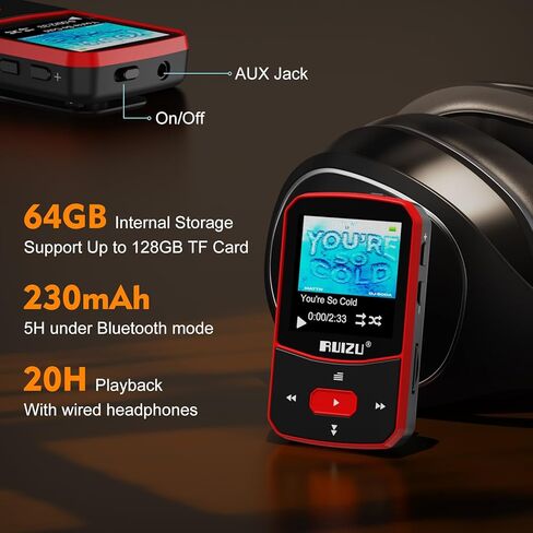 مشغل MP3 RUIZU بسعة 64 جيجابايت مع بلوتوث 5.3، مشغل موسيقى محمول مع مسجل صوت للجري الرياضي، راديو FM، عداد الخطى، تكرار A-B، تشغيل خلط الصوت، يدعم بطاقة Micro SD سعة 128 جيجابايت، أحمر in Saudi Arabia