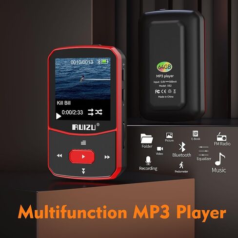 مشغل MP3 RUIZU بسعة 64 جيجابايت مع بلوتوث 5.3، مشغل موسيقى محمول مع مسجل صوت للجري الرياضي، راديو FM، عداد الخطى، تكرار A-B، تشغيل خلط الصوت، يدعم بطاقة Micro SD سعة 128 جيجابايت، أحمر in Saudi Arabia