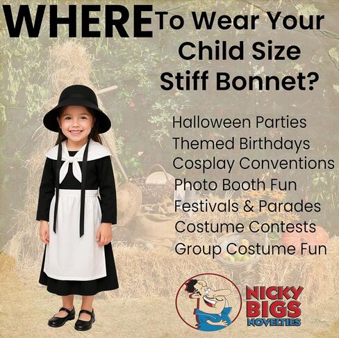 Nicky Bigs Novelties Child Pilgrim Bonnet Hat Colonial Handmaid Felt Hat for Girls Thanksgiving Halloween School Play Costume in Saudi Arabia
