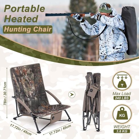 1 Pack Heated Hunting Chair, Portable Low Down Hunting Seat Pad Cushion with Carry Bag, Adjustable 3 Mode Folding Chair for Turkey Blind Deer Ground Duck Fishing, No Power Bank (Camo) in Saudi Arabia