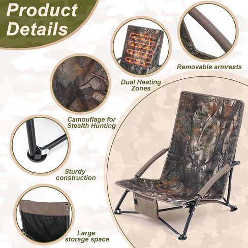 1 Pack Heated Hunting Chair, Portable Low Down Hunting Seat Pad Cushion with Carry Bag, Adjustable 3 Mode Folding Chair for Turkey Blind Deer Ground Duck Fishing, No Power Bank (Camo) in Saudi Arabia