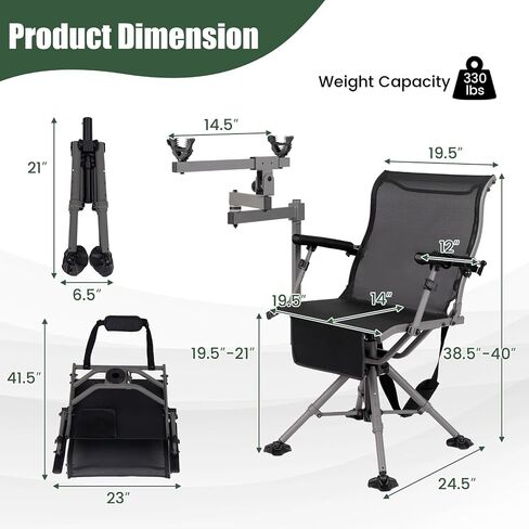 GYMAX Hunting Chair with Gun Rest, 360° Swivel Hunting Blind Chair w/Adjustable Height & Armrest, All-Terrain Duck Feet, Shoulder Strap, 330 LBS Folding Outdoor Ground Blind Seat in Saudi Arabia