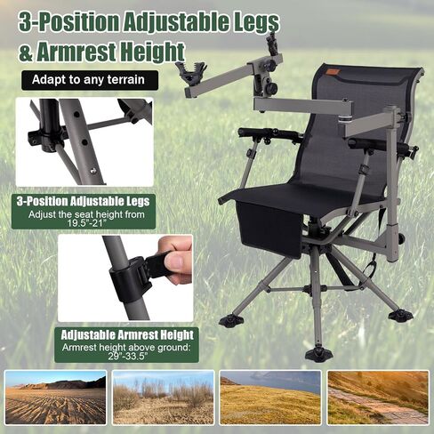 GYMAX Hunting Chair with Gun Rest, 360° Swivel Hunting Blind Chair w/Adjustable Height & Armrest, All-Terrain Duck Feet, Shoulder Strap, 330 LBS Folding Outdoor Ground Blind Seat in Saudi Arabia
