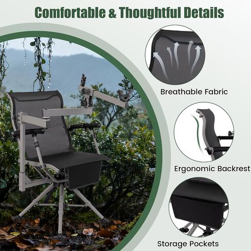 GYMAX Hunting Chair with Gun Rest, 360° Swivel Hunting Blind Chair w/Adjustable Height & Armrest, All-Terrain Duck Feet, Shoulder Strap, 330 LBS Folding Outdoor Ground Blind Seat in Saudi Arabia
