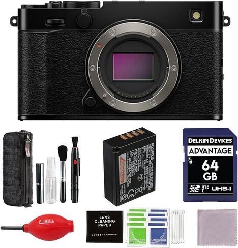 حزمة كاميرا FUJIFILM X-E5 بدون مرآة (فضية) مع بطاقة SD سعة 64 جيجابايت وقارئ بطاقات وحزام معصم والمزيد من الملحقات الإضافية in Kuwait