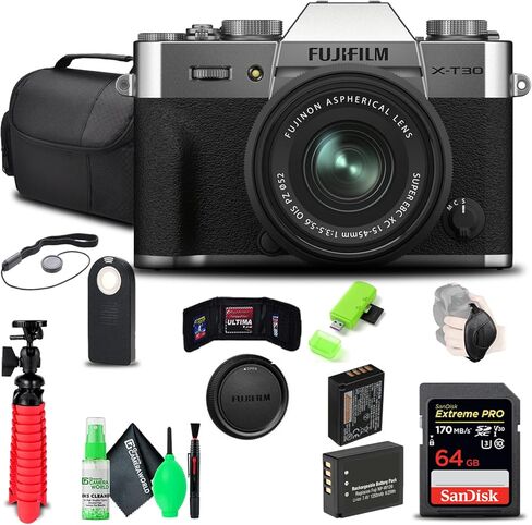 FUJIFILM X-T30 II Mirrorless Camera with XC 15-45mm OIS PZ Lens (Silver) (16759768) Bundle with 64GB Memory Card + Soft Case + Compatible Battery + Flexible Vlogging Tripod + Remote + More in Kuwait