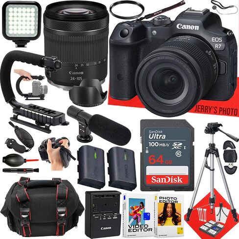 Canon EOS R7 Mirrorless Camera with Canon RF 24-105mm f/4-7.1 IS STM Lens + 64 GB Memory + Video LED Light + Microphone + Camera Case + More (26pc Bundle) (Renewed) in Saudi Arabia