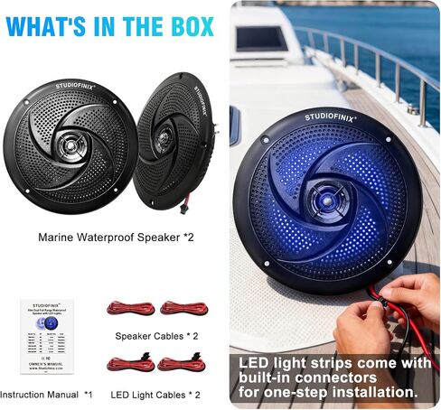STUDIOFINIX 4 Inch Waterproof Marine Speakers - 80W 2-Way Weather Resistant Outdoor Boat Audio with LED Lights, Low Profile Slim Style Suitable for Boat, RV, UTV, ATU, Glof Cart (2 Speakers, Black) in Saudi Arabia
