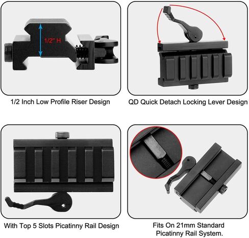 Picatinny Riser Mount، محول حوامل السكك الحديدية المنخفضة مع قفل رافعة QD للإصدار السريع و5 فتحات قضبان Picatinny لمشاهد نطاق الحلقات البصرية، 1/2 بوصة ارتفاع × 2.5 بوصة طول in Kuwait