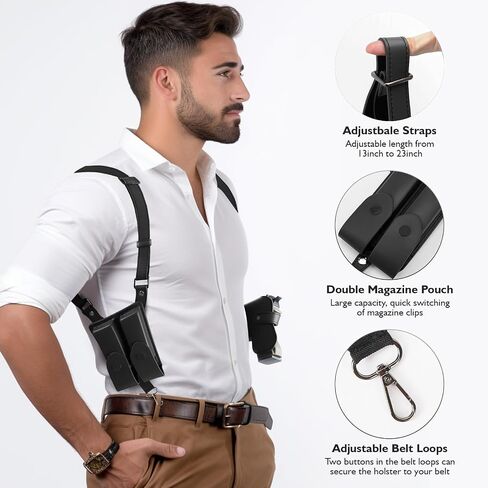 Shoulder Holster General Vertical Gun Holster Adjustable PU Leather for Concealed Carry with Double Magazine Pouch - Fit 1911 Most Kinds of Pistols in Saudi Arabia