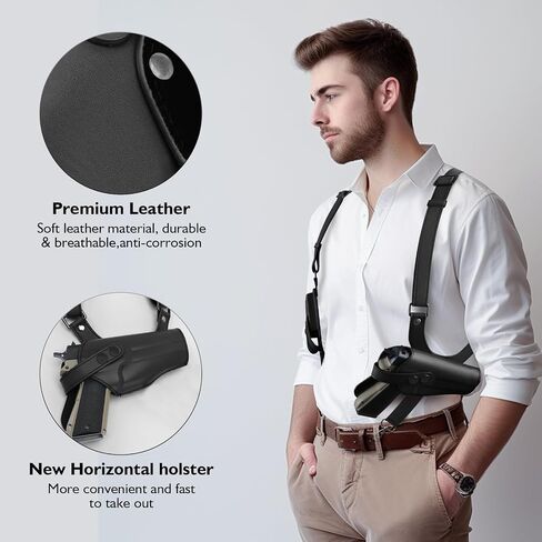 Shoulder Holster General Vertical Gun Holster Adjustable PU Leather for Concealed Carry with Double Magazine Pouch - Fit 1911 Most Kinds of Pistols in Saudi Arabia
