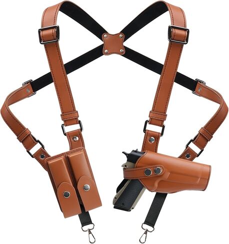 Shoulder Holster General Vertical Gun Holster Adjustable PU Leather for Concealed Carry with Double Magazine Pouch - Fit 1911 Most Kinds of Pistols in Saudi Arabia