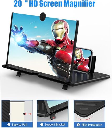 20" Screen Magnifier for Smartphone,3D HD Screen Enlarger for Movies, Videos, and Gaming,Screen Magnifier with Adjustable Angle Design Amplifier Desktop Magnifying for Seniors Reading(Black, 20 Inch) in Kuwait