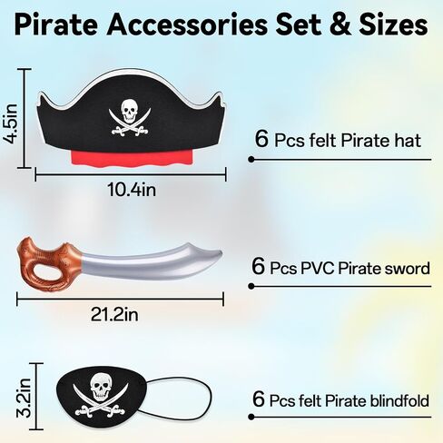 ZeeDix 9 Pcs Pirate Accessories for Kids, 3 Hats 3 Patches 3 Swords Set in Kuwait