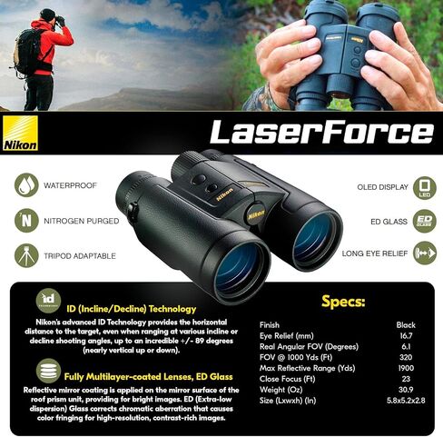 منظار Nikon LaserForce 10x42 Rangefinder - نطاق 10-1900 ياردة مقاوم للماء ومضاد للضباب وقياس المسافة الدقيقة مناظير الصيد - عدسات متعددة المغلفة بالكامل، شاشة ساطعة - حامل ثلاثي القوائم قابل للتكيف in Kuwait