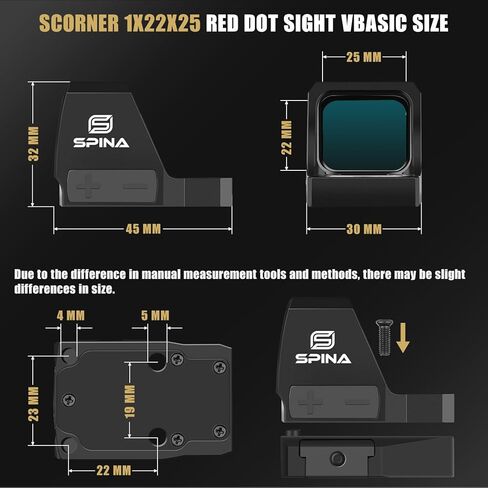 SPINA OPTICS Scorner Pro 1x22x25 تكتيكي 3 MOA نقطة حمراء شمسية للمسدسات، مقاومة للماء IPX7، مصنوعة من الألومنيوم 7075، مع 10 إعدادات سطوع in Kuwait