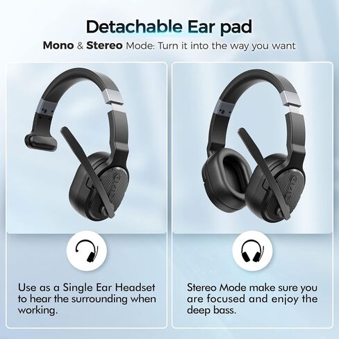Wireless Headset with Mic for Work, Bluetooth 5.3 Headsets with Microphone and Detachable Earpads, 50H Playtime with Charging Base, Noise Cancelling Headphones for Work with Mic Mute in Kuwait