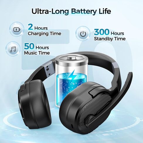 Wireless Headset with Mic for Work, Bluetooth 5.3 Headsets with Microphone and Detachable Earpads, 50H Playtime with Charging Base, Noise Cancelling Headphones for Work with Mic Mute in Kuwait