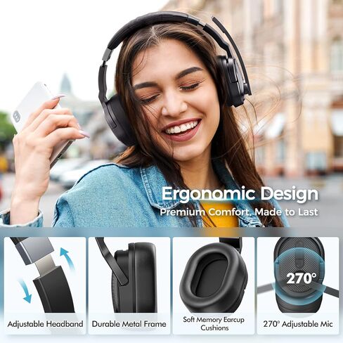 Wireless Headset with Mic for Work, Bluetooth 5.3 Headsets with Microphone and Detachable Earpads, 50H Playtime with Charging Base, Noise Cancelling Headphones for Work with Mic Mute in Kuwait