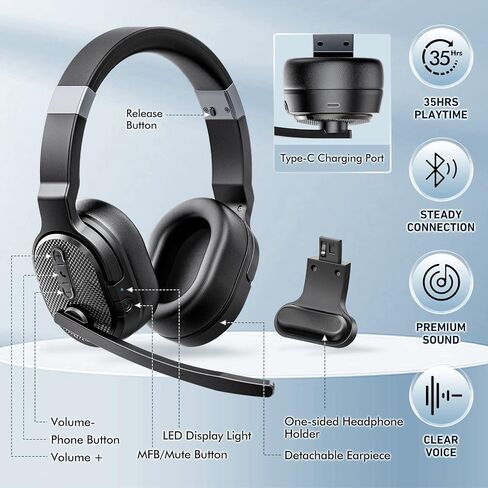 Wireless Headset with Mic for Work, Bluetooth 5.3 Headsets with Microphone and Detachable Earpads, 50H Playtime with Charging Base, Noise Cancelling Headphones for Work with Mic Mute in Kuwait