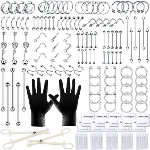 Tustrion 153Pcs Piercing Kits for all Piercings Professional with Piercing Jewelry and Tools for Nose Septum Belly Button Lip Ear Tongue Cartilage Eyebrow and More with 12G, 14G, 16G and 20G Piercing Needles in Saudi Arabia