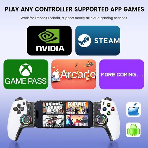 Mobile Gaming Controller for iPhone 15/16 Series/Android/Switch 2/Switch/OLED/iPad Mini, Wireless Phone Controller with Hall Joysticks/Hall Triggers/LED, Support Xbox Cloud, Steam Link, Call of Duty in Saudi Arabia