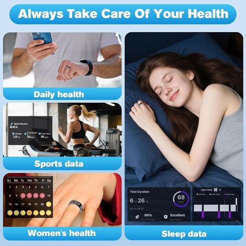 Smart Ring Health Tracker for Men/Women,Fitness Ring Sleep Tracker with LED Display Sreeen,Fast Charging,Health and Sleep Monitoring,Motion Tracking,Female Cycle,Waterproof(Black,9) in Saudi Arabia