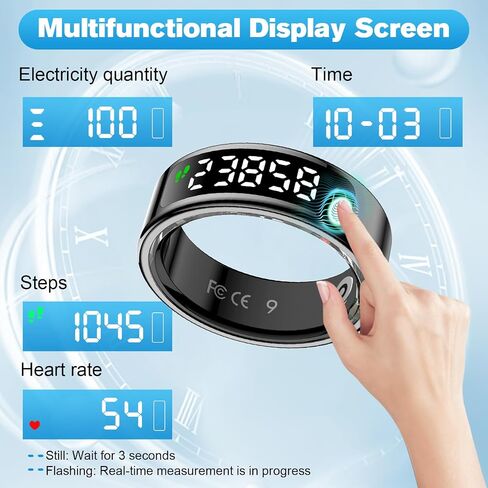 Smart Ring Health Tracker for Men/Women,Fitness Ring Sleep Tracker with LED Display Sreeen,Fast Charging,Health and Sleep Monitoring,Motion Tracking,Female Cycle,Waterproof(Black,9) in Saudi Arabia