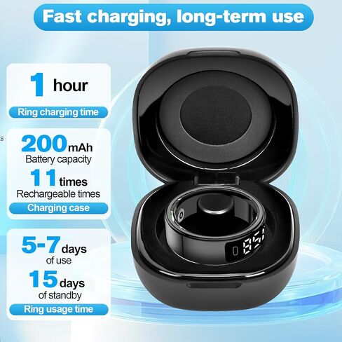 Smart Ring Health Tracker for Men/Women,Fitness Ring Sleep Tracker with LED Display Sreeen,Fast Charging,Health and Sleep Monitoring,Motion Tracking,Female Cycle,Waterproof(Black,9) in Saudi Arabia