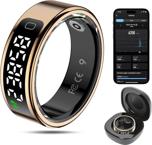 Smart Ring Health Tracker for Men/Women,Fitness Ring Sleep Tracker with LED Display Sreeen,Fast Charging,Health and Sleep Monitoring,Motion Tracking,Female Cycle,Waterproof(Black,9) in Saudi Arabia