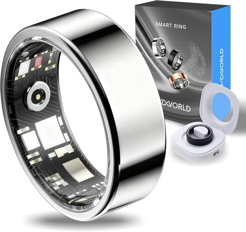 حلقة Mworld الذكية لتتبع التوتر والعاطفة، متتبع اللياقة الصحية مع مراقب معدل ضربات القلب، تحليل النوم، مقاومة للماء 10ATM، للرجال والنساء - مادة فولاذية (أسود، 8) in Kuwait