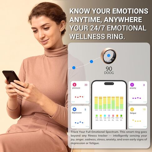 حلقة Mworld الذكية لتتبع التوتر والعاطفة، متتبع اللياقة الصحية مع مراقب معدل ضربات القلب، تحليل النوم، مقاومة للماء 10ATM، للرجال والنساء - مادة فولاذية (أسود، 8) in Kuwait