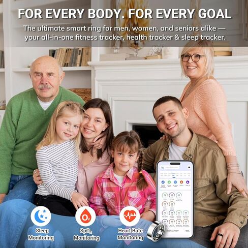 حلقة Mworld الذكية لتتبع التوتر والعاطفة، متتبع اللياقة الصحية مع مراقب معدل ضربات القلب، تحليل النوم، مقاومة للماء 10ATM، للرجال والنساء - مادة فولاذية (أسود، 8) in Kuwait