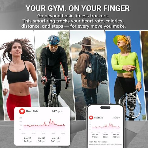 حلقة Mworld الذكية لتتبع التوتر والعاطفة، متتبع اللياقة الصحية مع مراقب معدل ضربات القلب، تحليل النوم، مقاومة للماء 10ATM، للرجال والنساء - مادة فولاذية (أسود، 8) in Kuwait