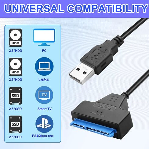 USB-A 3.0 to SATA Adapter Cable - Supports 2.5"/3.5" SATA HDD/SSD, Trim Enabled, 12V DC Power Port, 3-Min Auto Sleep, Dual LEDs, 30cm Copper Cable, Plug & Play (USB-A) in Saudi Arabia