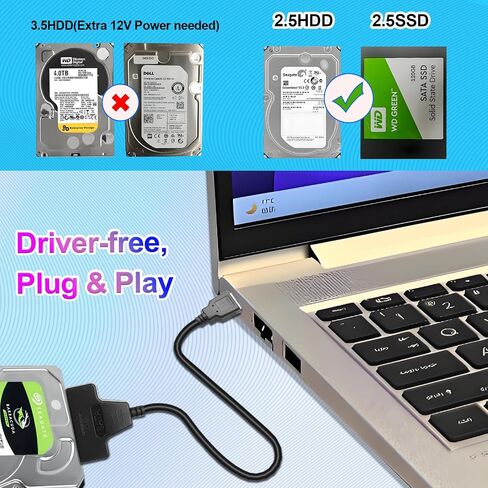 USB-A 3.0 to SATA Adapter Cable - Supports 2.5"/3.5" SATA HDD/SSD, Trim Enabled, 12V DC Power Port, 3-Min Auto Sleep, Dual LEDs, 30cm Copper Cable, Plug & Play (USB-A) in Saudi Arabia